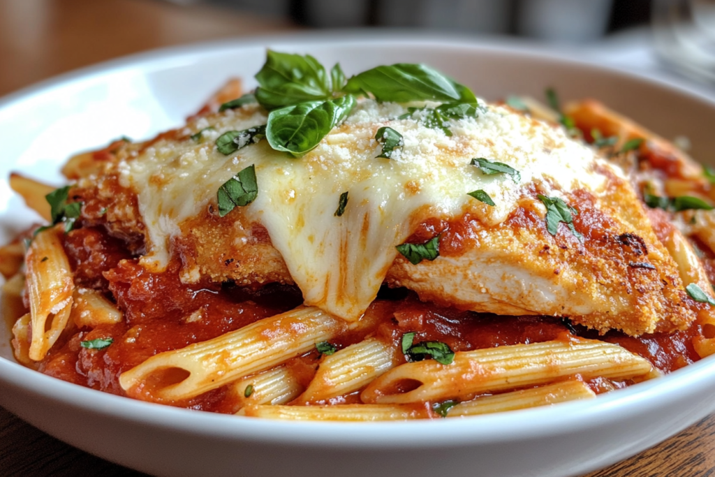 Close-up of baked Chicken Parmesan Pasta topped with melted mozzarella, crispy golden chicken cutlets, and fresh parsley, served in a skillet