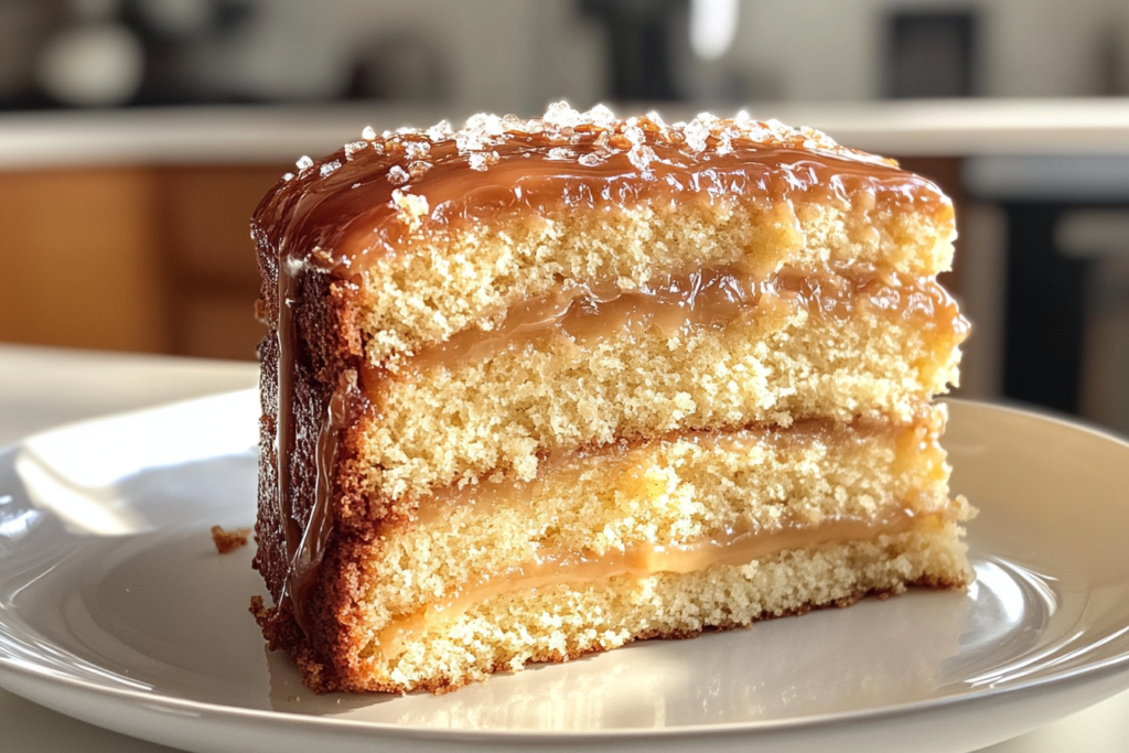 Butter cake with coffee cream and caramel served with a cup of coffee