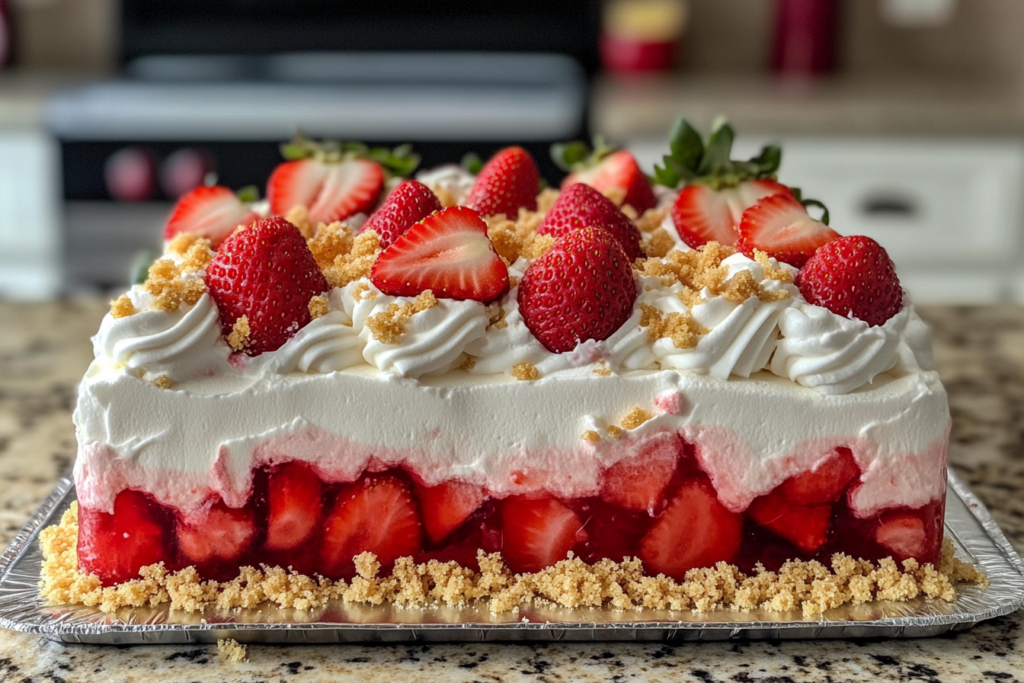 Strawberry Crunch Poke Cake topped with whipped cream and strawberry cookie crumble, served chilled in a glass dis