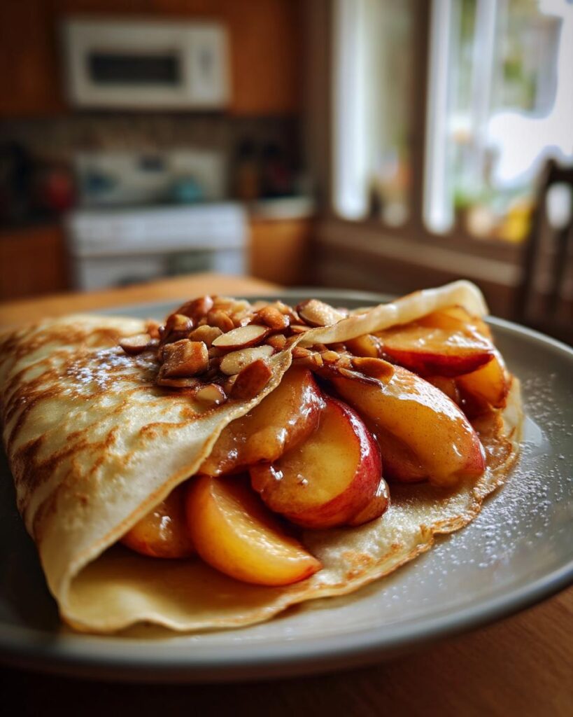 Peach Crepes with Candied Almonds