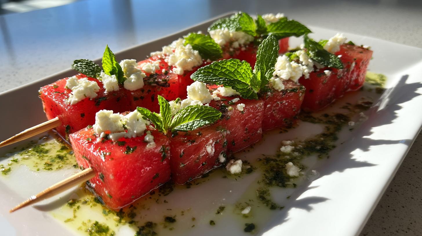 Watermelon Feta Bites with Mint & Lime Drizzle