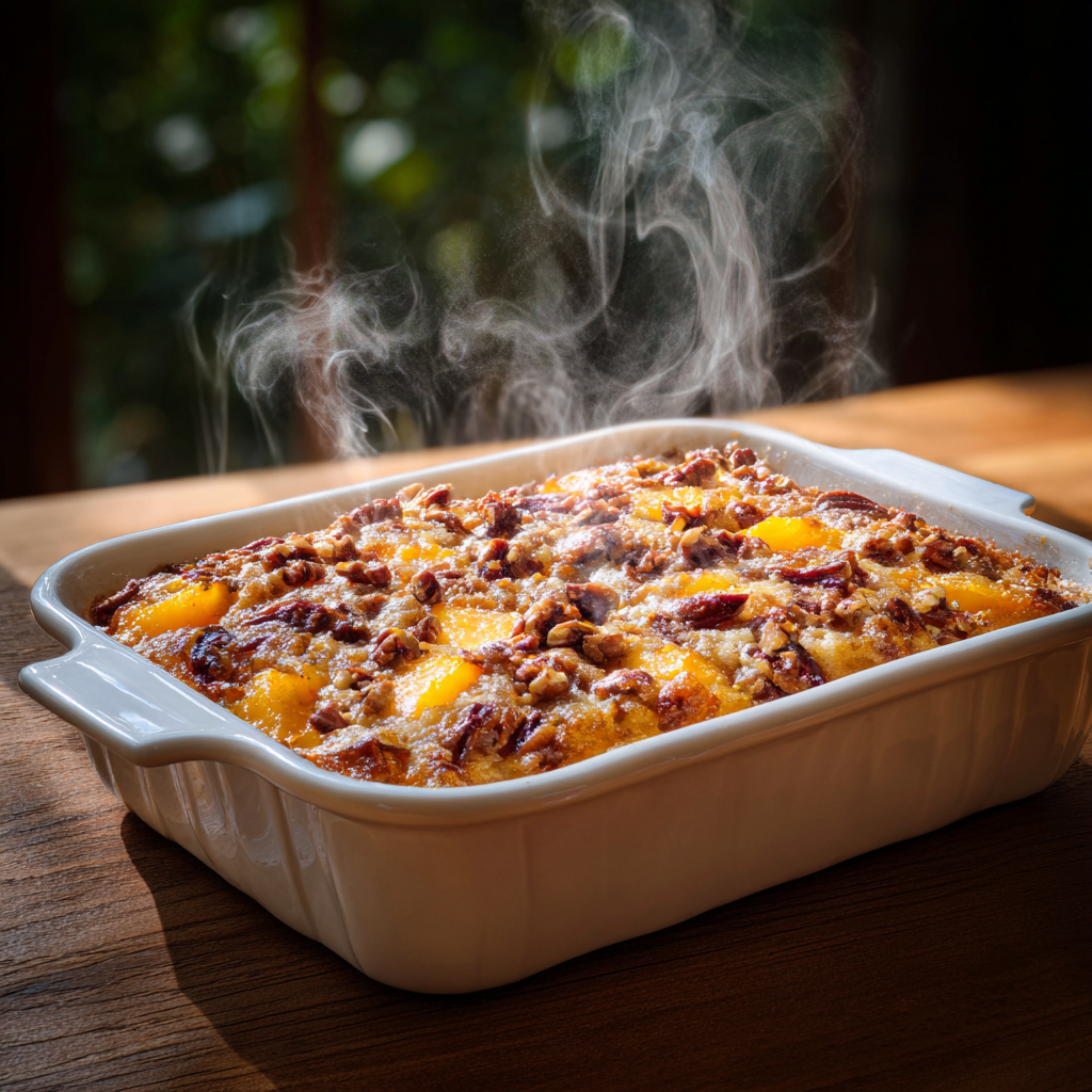 freshly baked dump cake with peaches and nuts in baking dish