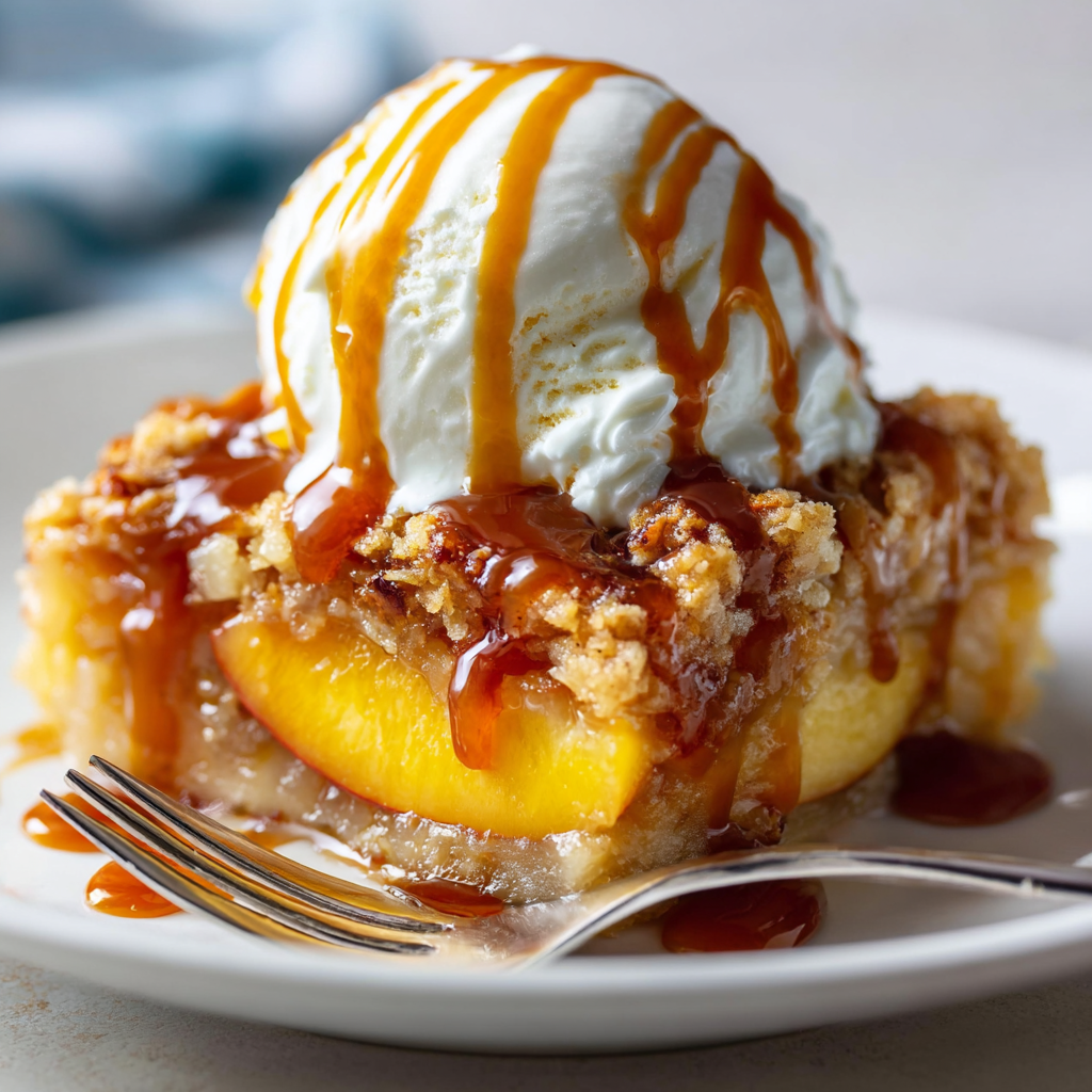 peach dump cake with ice cream and caramel