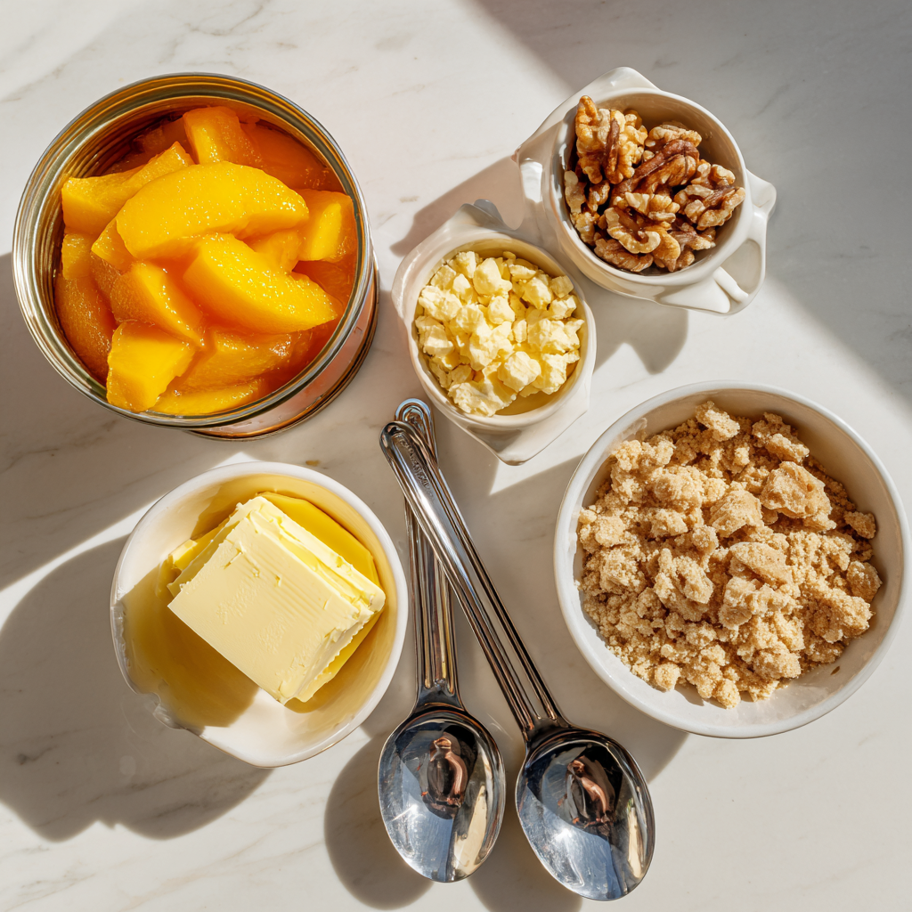 ingredients for making dump cake with peaches and nuts