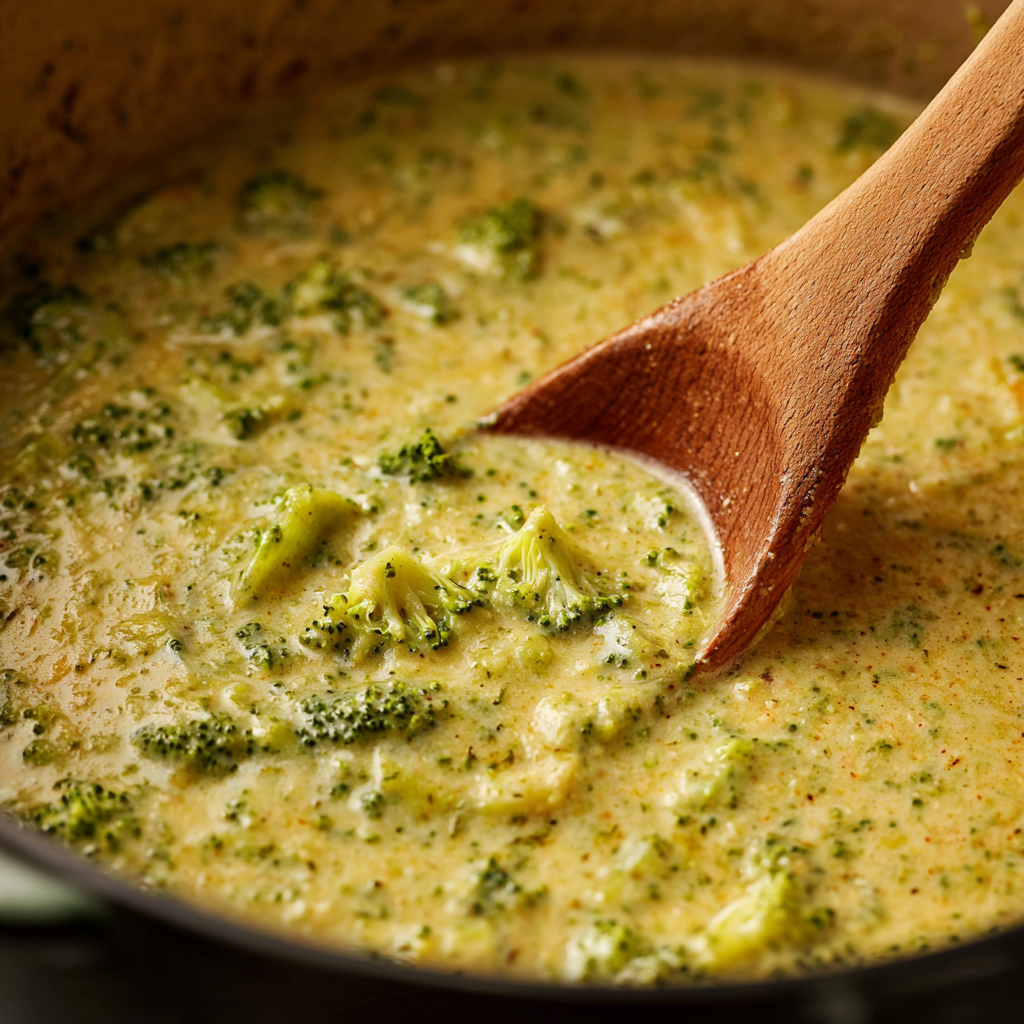 Stirring creamy keto broccoli cheese soup in a pot