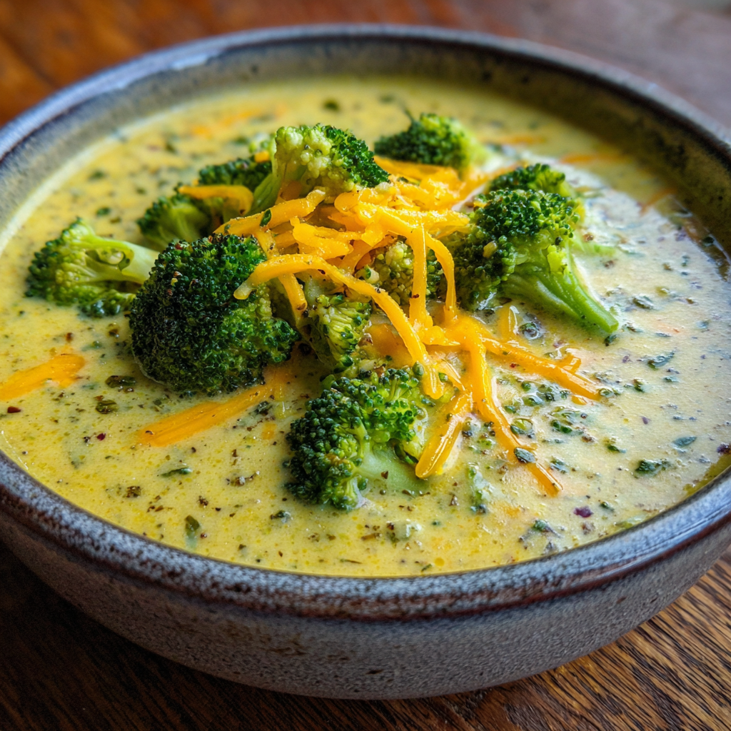 Keto broccoli cheese soup in a bowl garnished with cheddar