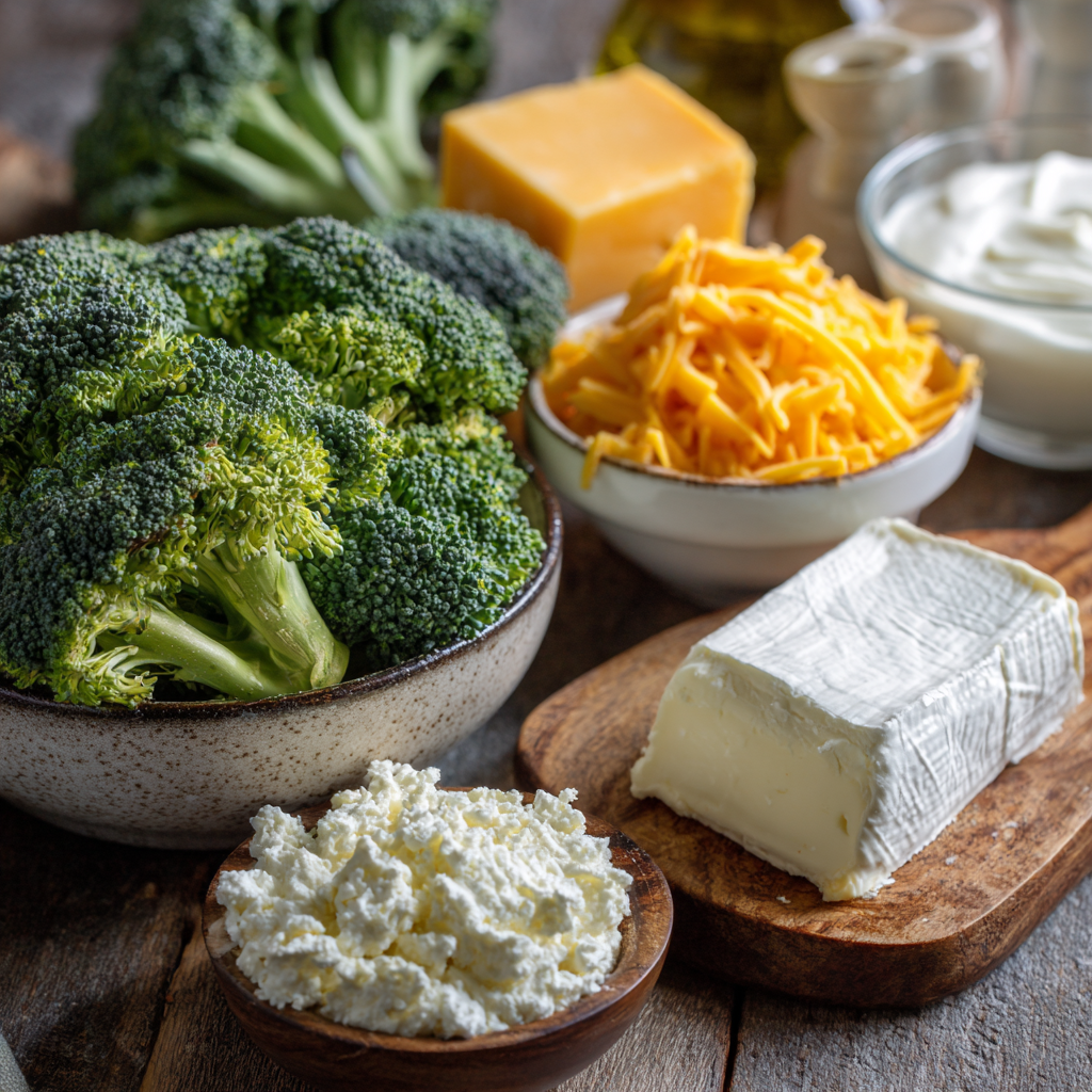 Keto ingredients for broccoli cheese soup laid on kitchen counter