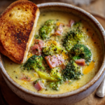 Served bowl of ham cheese broccoli soup