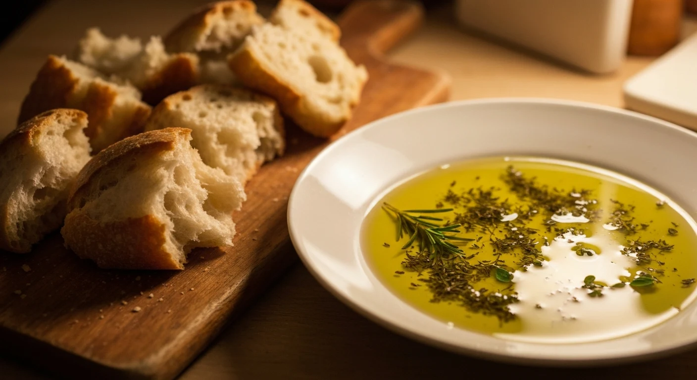 Carrabba's bread dipping oil served in dish with crusty Italian bread for dipping