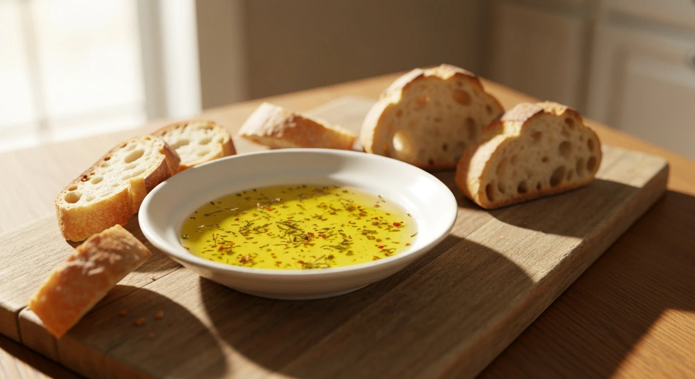 Carrabba's bread dipping oil served with sliced Italian bread ready for dipping