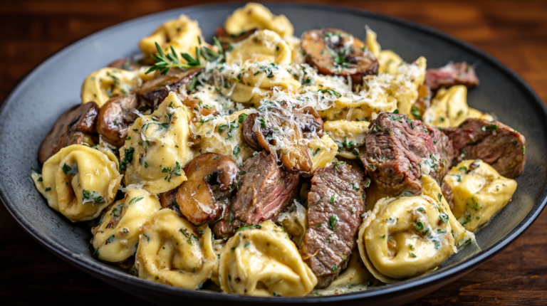 Cracked garlic steak tortellini in creamy sauce garnished with parsley served in a white bowl ready in under 30 minutes