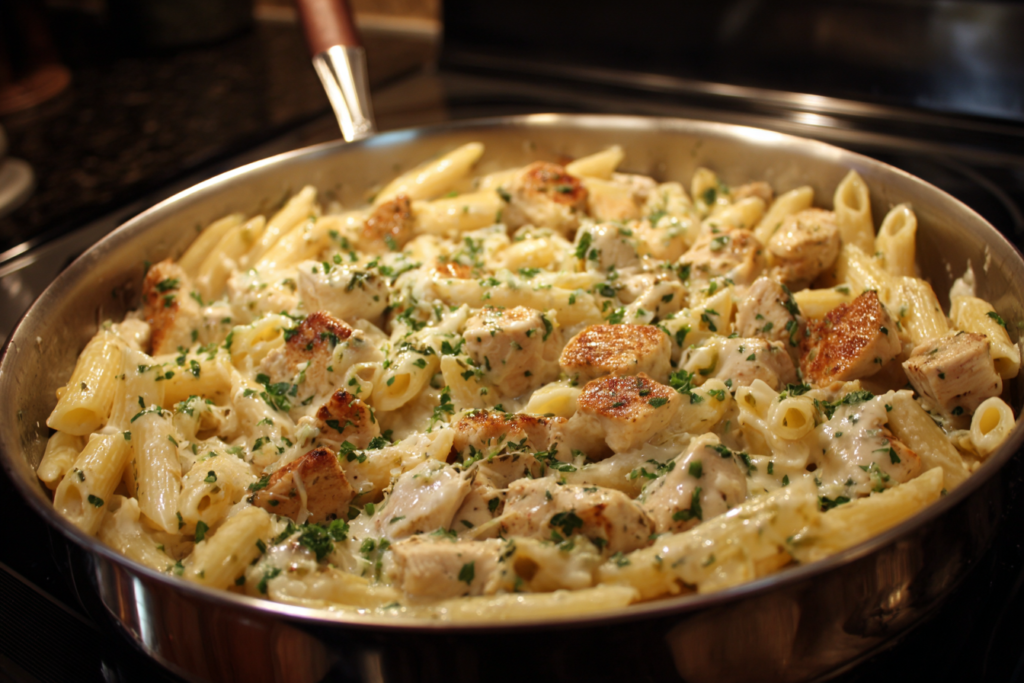 Creamy chicken alfredo pasta topped with parmesan and fresh parsley served in a white bowl