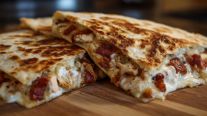 Crispy Chicken Bacon Ranch Quesadilla cut in half showing melted cheese and creamy ranch filling on a plate