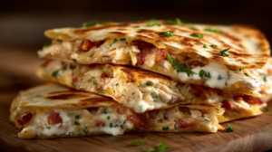 Crispy chicken bacon ranch quesadilla with melted cheese and creamy dipping sauce on wooden cutting board