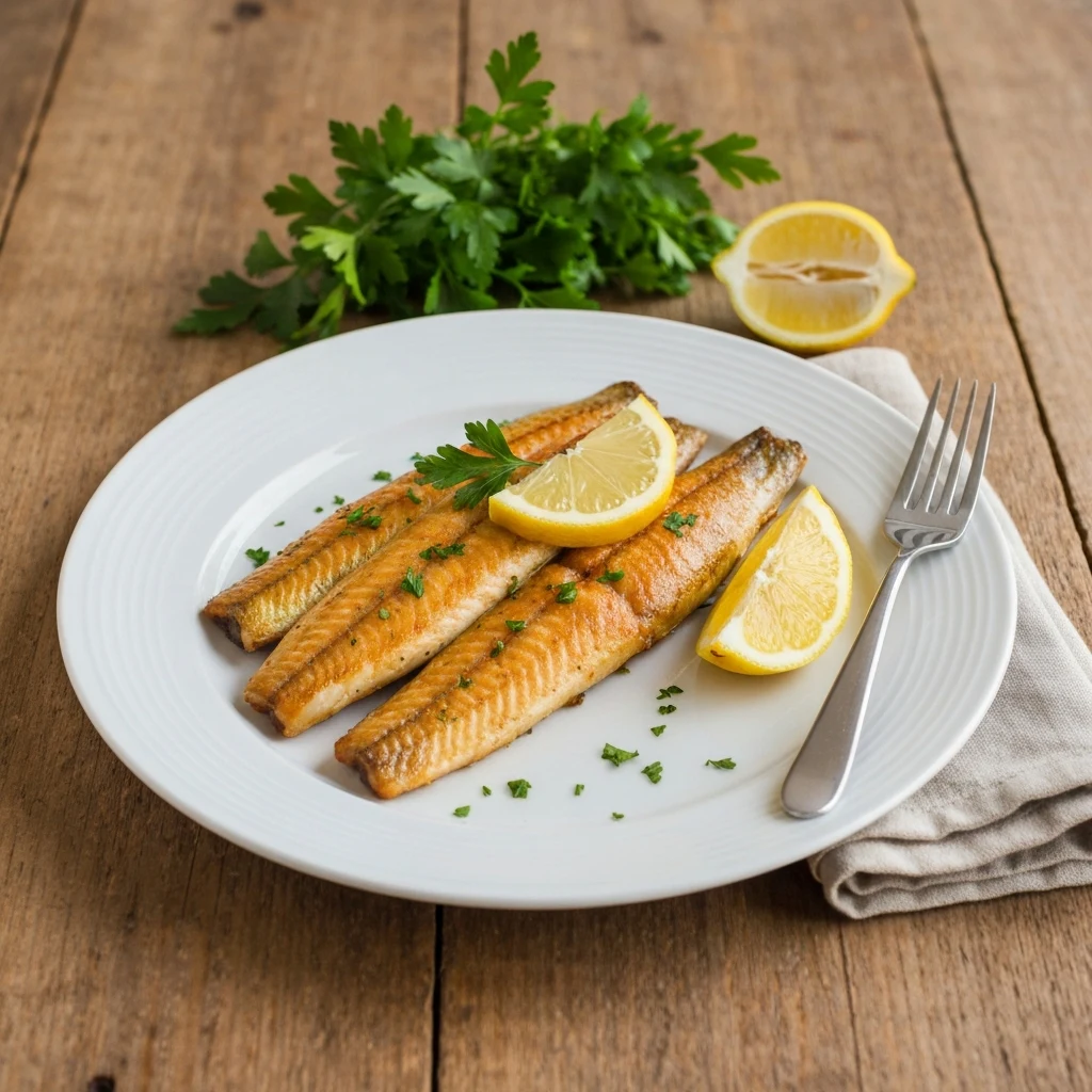 Crispy golden pickerel fillets served with lemon and parsley on a white plate