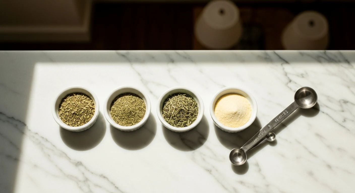 Dried Italian herbs and spices measured in small bowls for Carrabba's bread dipping oil