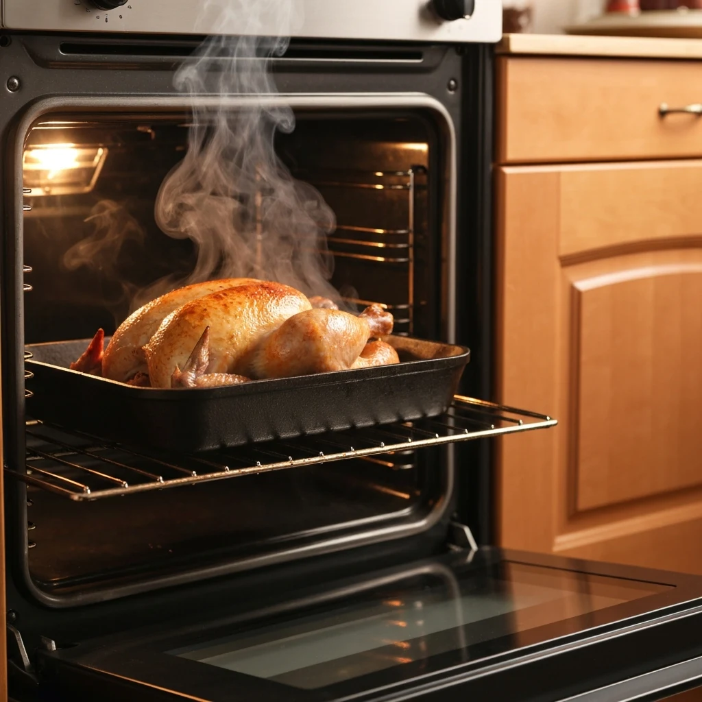 Golden chicken roasting in the oven with steam and crisping skin