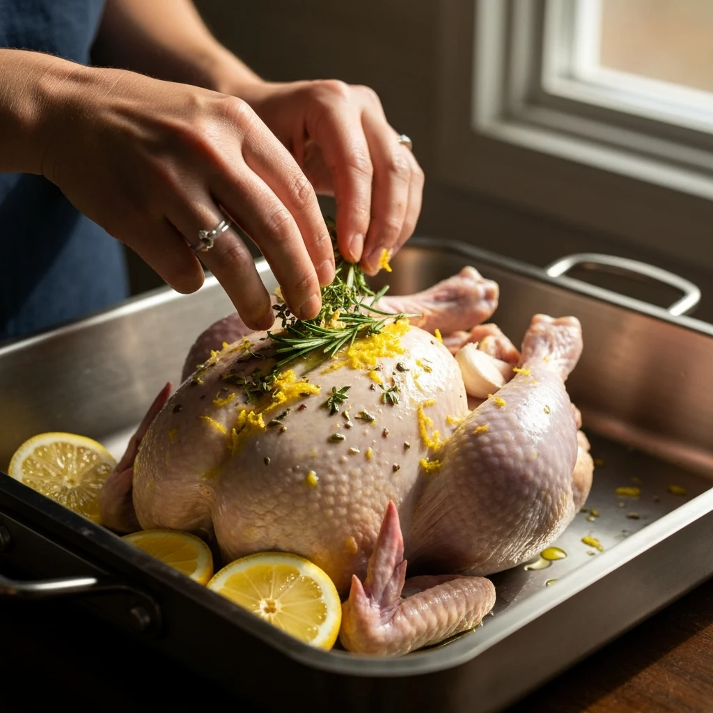Hands seasoning a whole chicken with herbs and lemon in a roasting pan