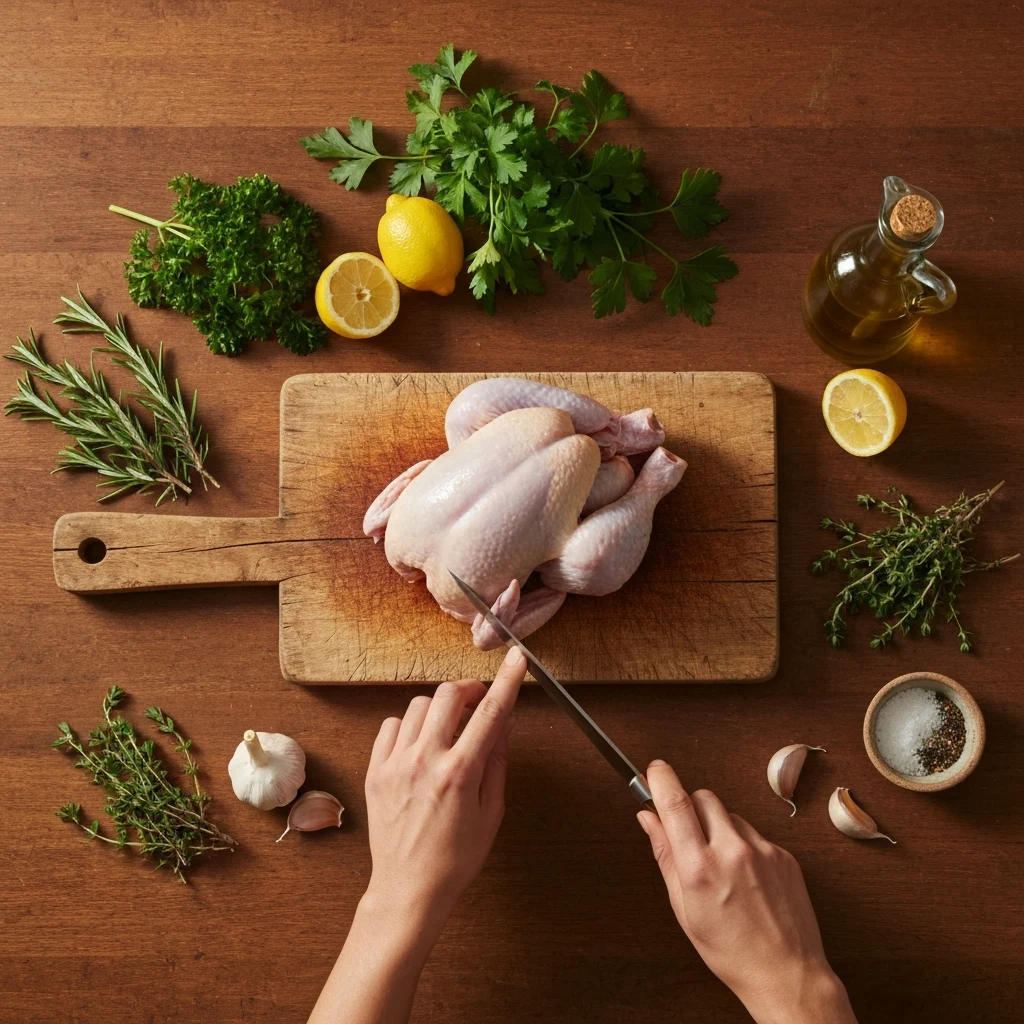 Hands slicing lemons beside a raw whole chicken and fresh herbs on a kitchen counter