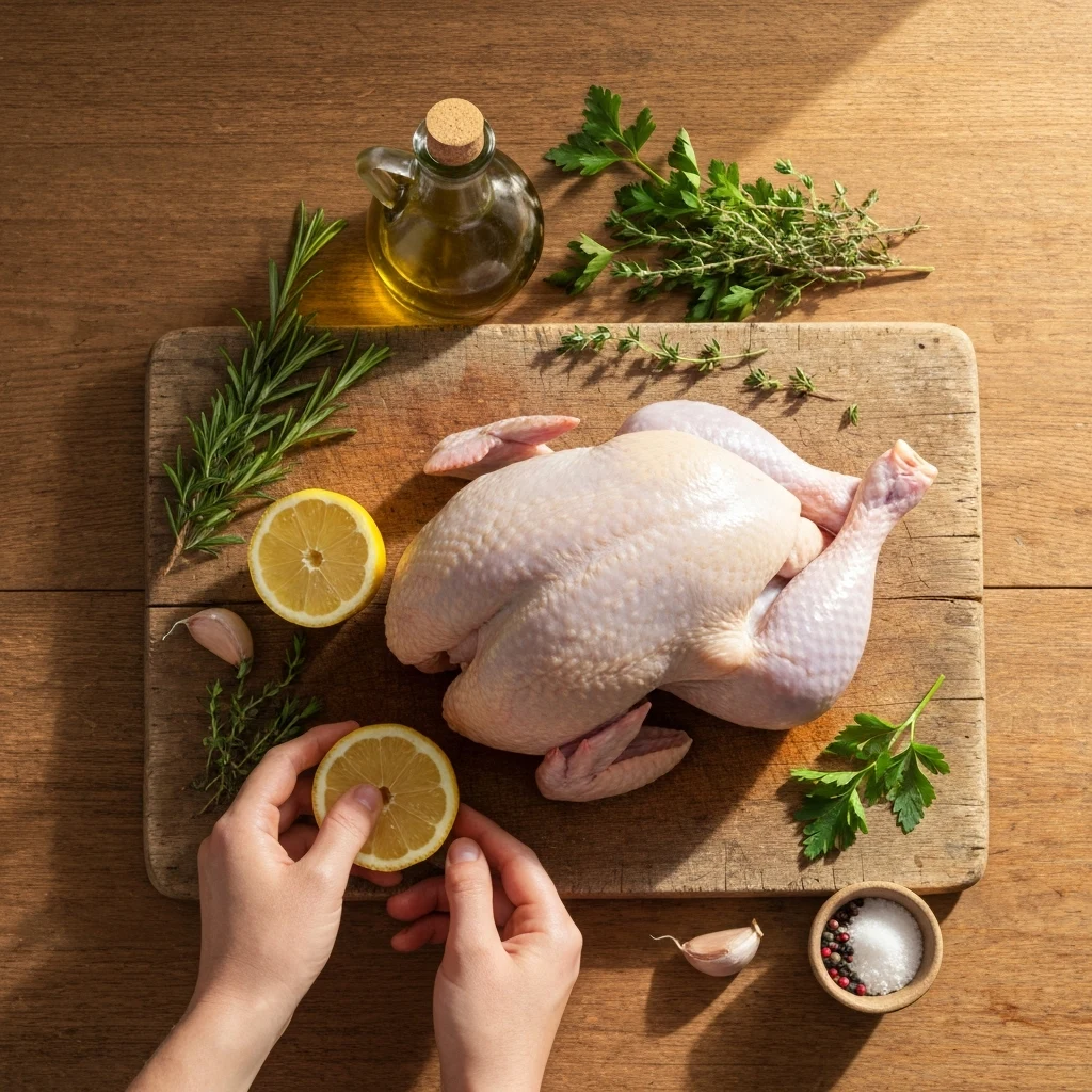 Hands slicing lemons beside a raw whole chicken and fresh herbs on a kitchen counter