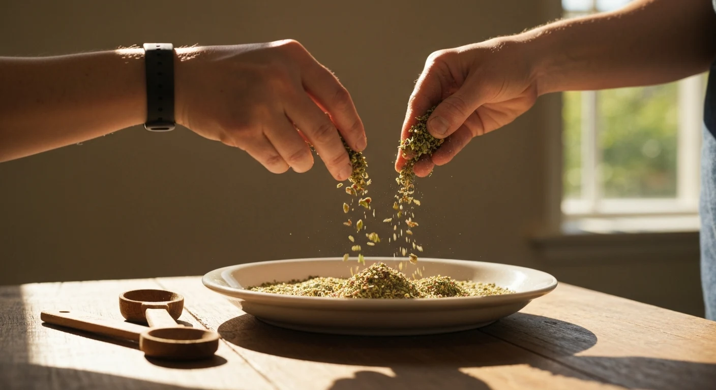 Mixing dried herbs and spices together for bread dipping oil