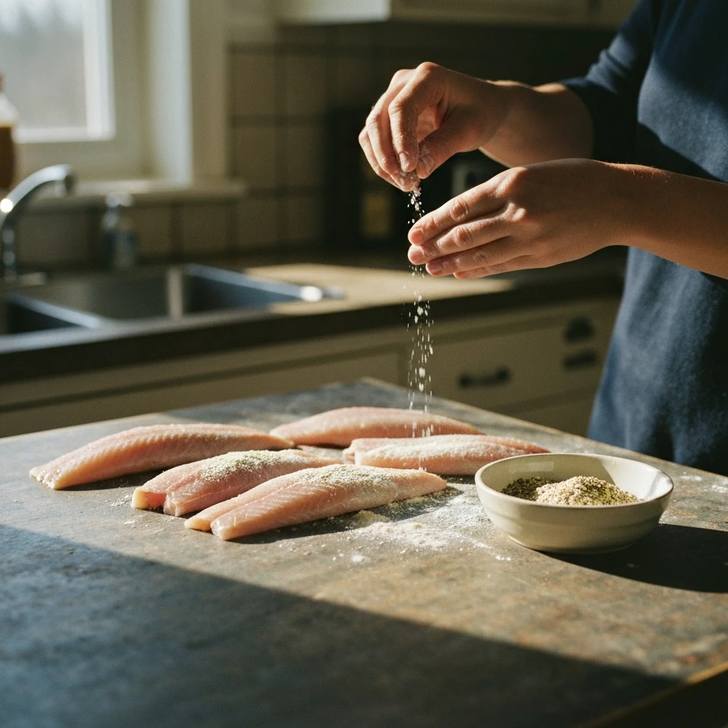 Person seasoning and dusting pickerel fillets with flour and herbs