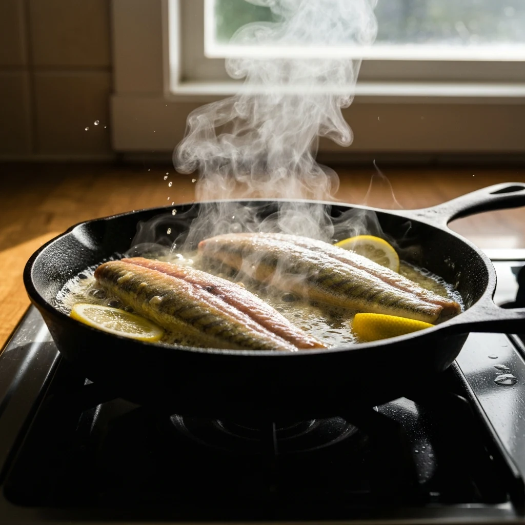 Pickerel fillets cooking in sizzling butter in cast iron pan with lemon slices