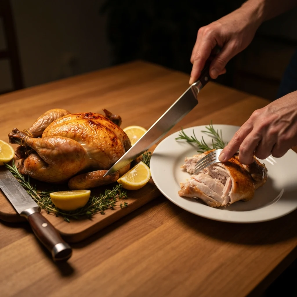 Roasted lemon herb chicken being carved and served with herbs and lemon wedges