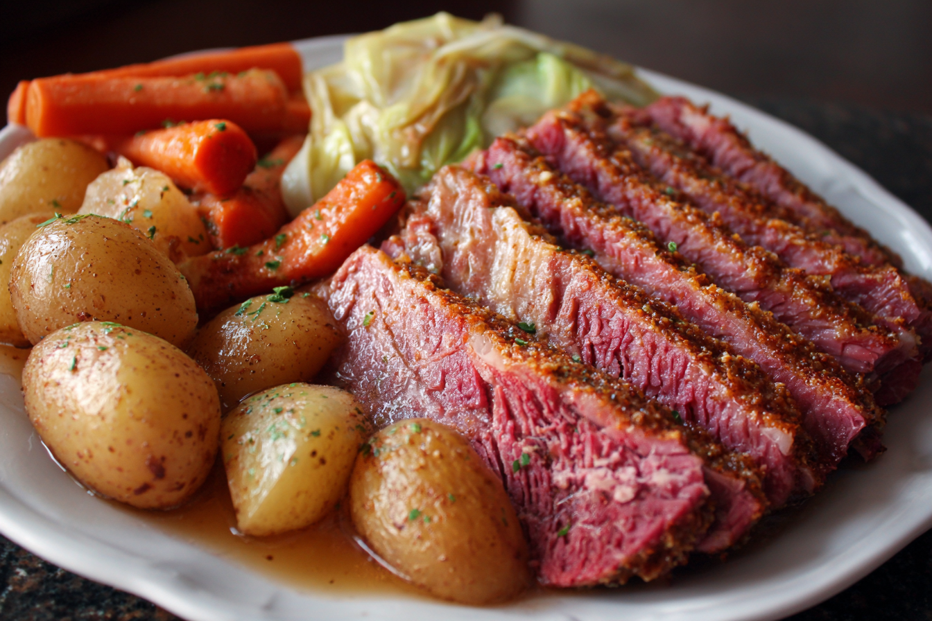 Tender corned beef and cabbage crock pot dinner with potatoes and carrots served on a white plate