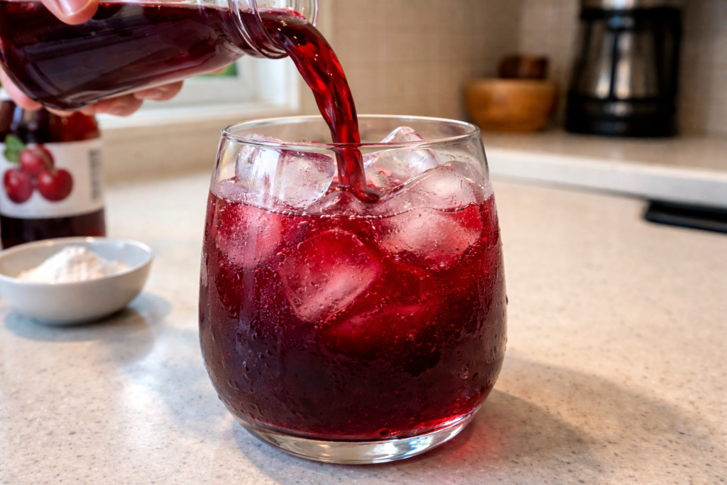 Sleepy Girl Mocktail in a chilled glass with ice and bubbles on a kitchen counter