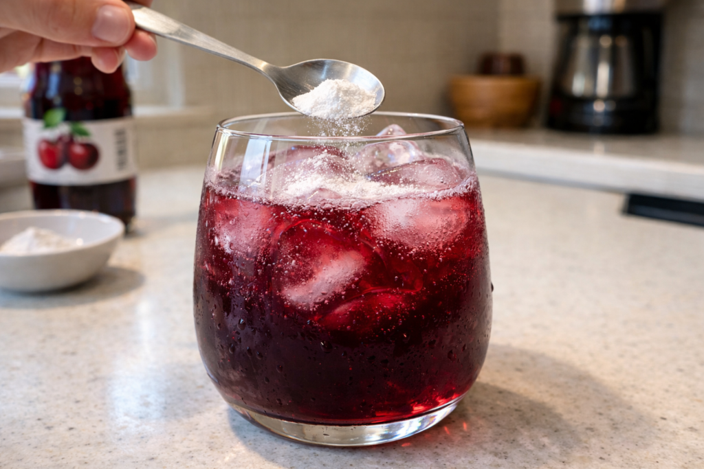 Sleepy Girl Mocktail step pouring tart cherry juice into a glass with ice