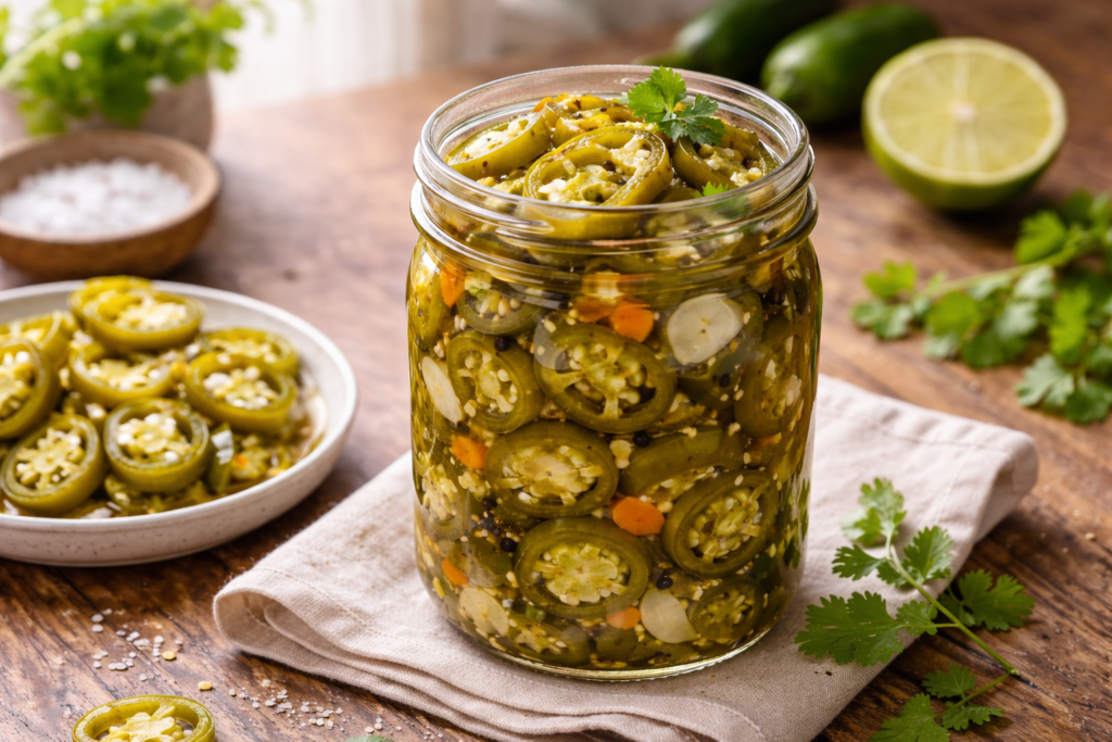 Homemade Pickled Jalapeños in a mason jar