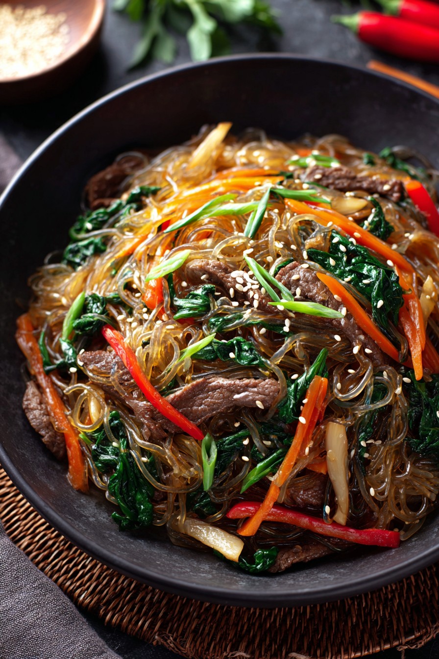 Korean Japchae Noodles with Beef and Vegetables