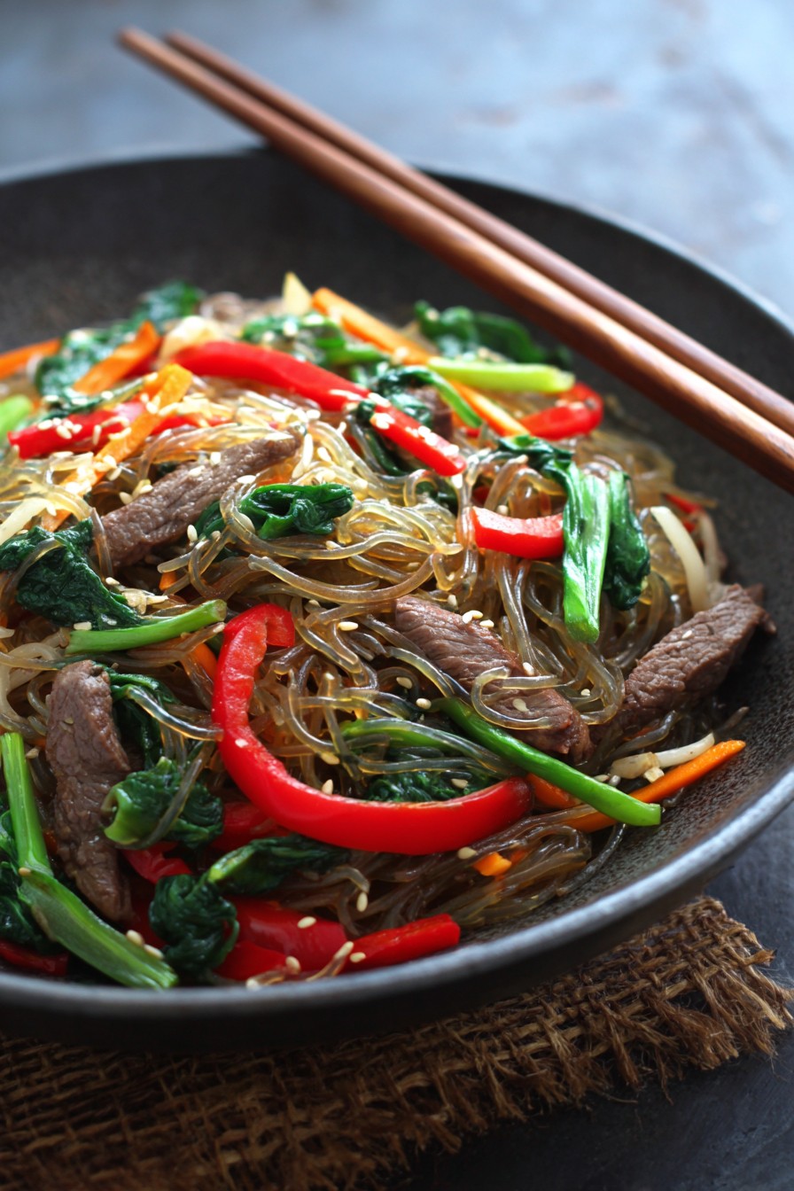 Easy Korean Japchae Noodles with Beef and Vegetables Recipe