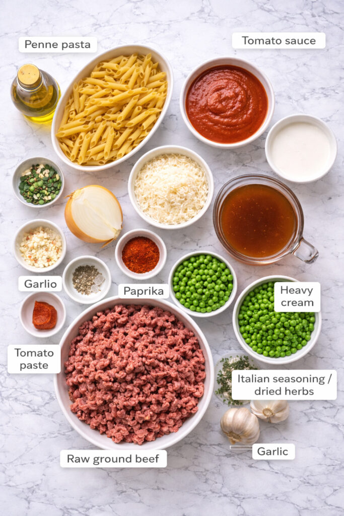 One Pot Creamy Beef Pasta ingredients