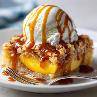 A warm slice of peach nut dump cake with ice cream